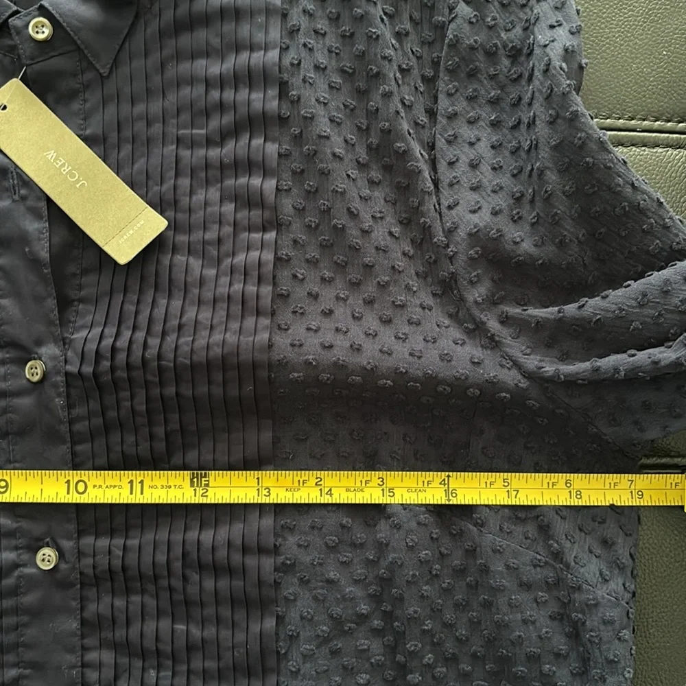 J. Crew Navy Pleated Swiss Dot Tuxedo Sheer Blouse - Picture 8 of 9